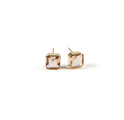Stylish 10mm Asscher cut Blush Morganite studs in yellow gold plating.